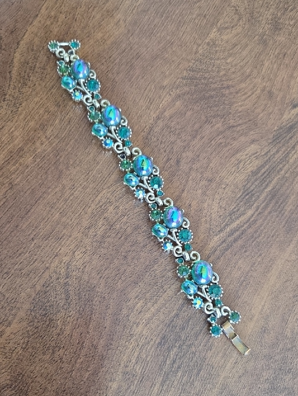 Iridescent Teal and Green Stone Silver-Tone Bracelet
